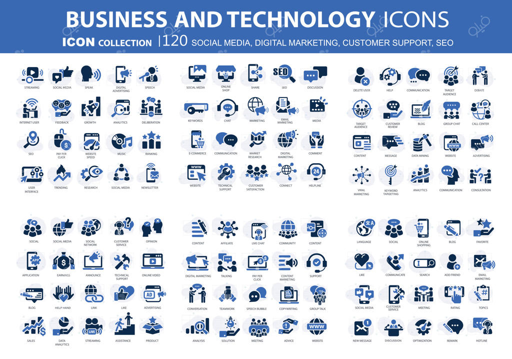 ۱۲۰ آیکون کسب‌وکار، تحلیل داده و مدیریت سازمان. مجموعه آیکون‌های وکتور شبکه‌های اجتماعی، بازاریابی دیجیتال، پشتیبانی مشتری و سئو