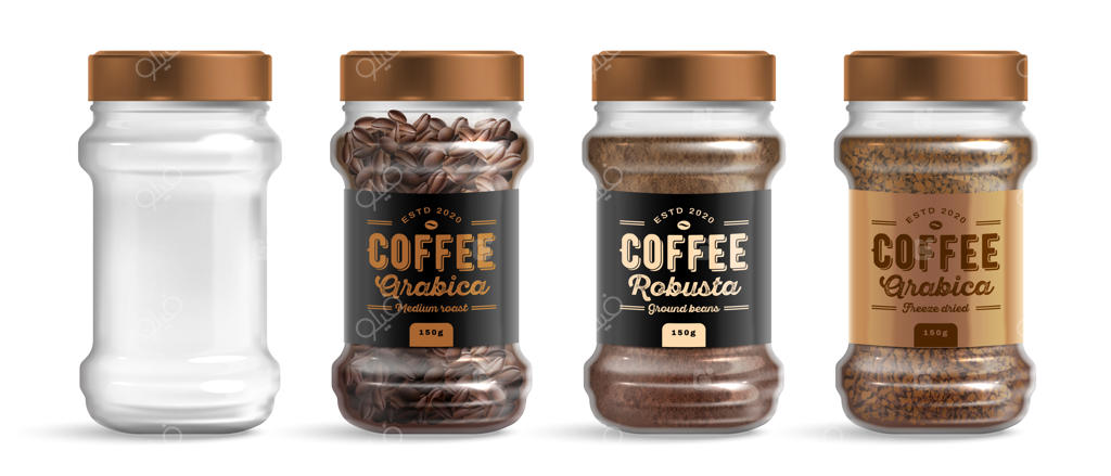 شیشه قهوه با دانه‌های عربیکا و روبوستا - مجموعه‌ای از قهوه‌های دانه‌ای و فوری