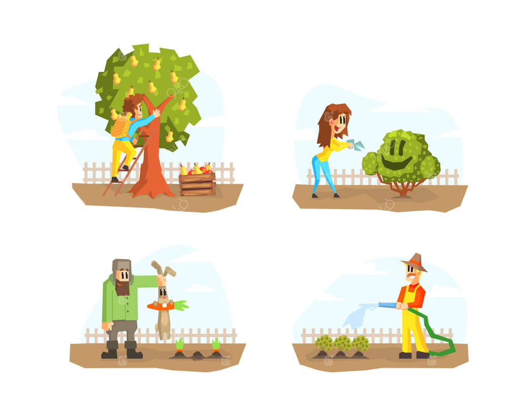 برداشت مردان و زنان، آبیاری گیاهان، کوتاه کردن درختچه‌ها، شخصیت‌های کشاورز در حال کار در باغ یا مزرعه - تصویر سازی