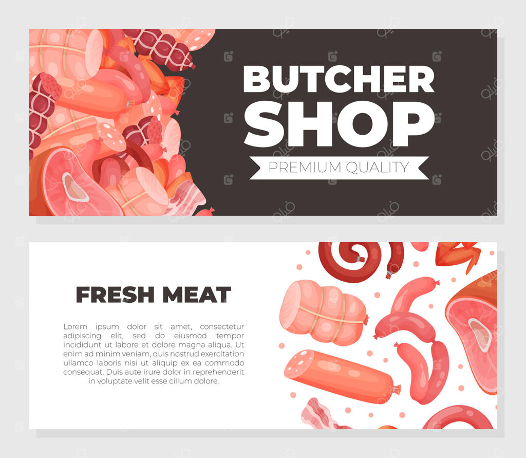 مجموعه بنرهای افقی فروشگاه قصابی: تبلیغ و آگهی فروشگاه گوشت تازه و بازار کشاورزی، طراحی بروشور و تراکت