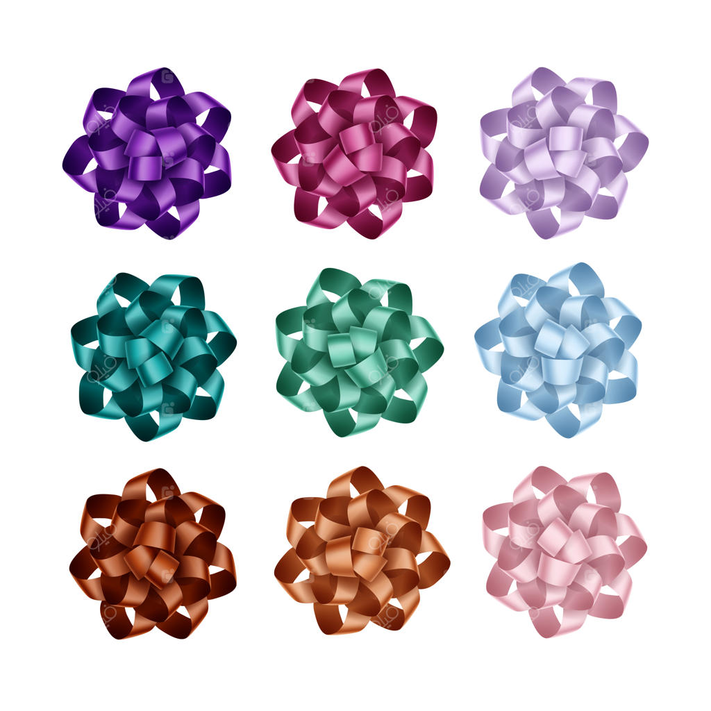 مجموعه‌ای از روبان‌های هدیه در رنگ‌های آبی تیره، سبز زمردی، بنفش، صورتی و قهوه‌ای، نمای نزدیک جدا شده روی زمینه سفید