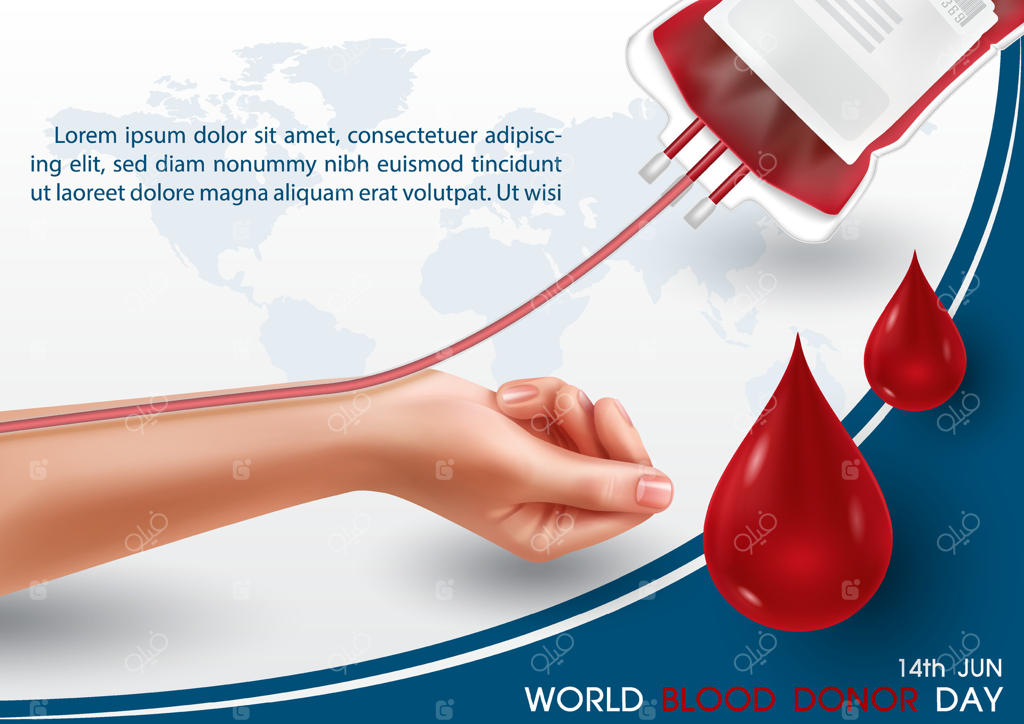 پوستر کمپین روز جهانی اهداکنندگان خون با تصویرسازی دستی که خون اهدا می‌کند به سبک واقع‌گرایانه، قطرات خون، متن‌های مربوط به رویداد و نمونه متن‌ها بر روی نقشه جهان و پس‌زمینه سفید.