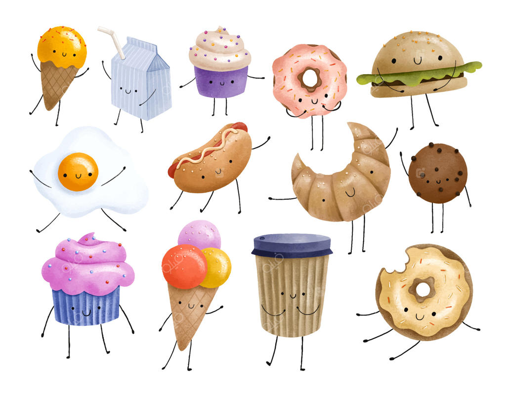 شخصیت‌های فست‌فود بامزه با طراحی دستی، دارای صورت و دست؛ خوشمزه