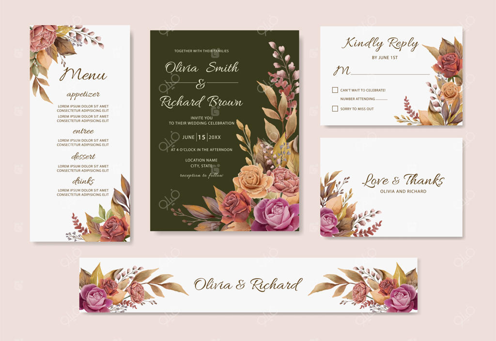 مجموعه کارت دعوت عروسی با طرح گل‌های پاییزی و برگ‌های خشک در آبرنگ