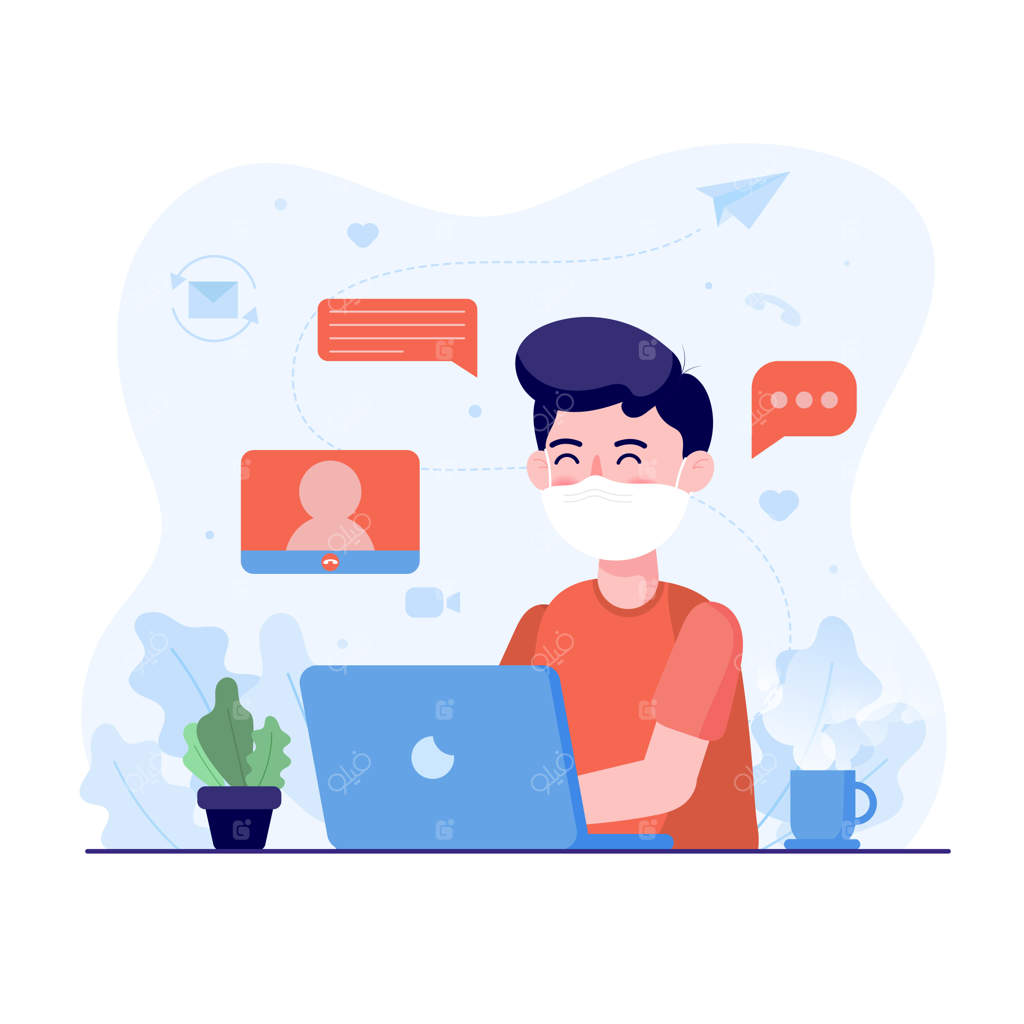 مردی با ماسک پزشکی در حال کار از خانه: مکالمه ویدیویی و گفتگو برای محافظت در برابر ویروس کرونا. مفهوم شیوع و همه‌گیری جهانی ویروس کرونا و کووید-۱۹.