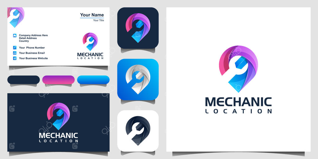 آچار رنگارنگ در آیکون یا لوگوی پین نقشه: نشان خدمات خودرو و نماد تعمیر. تصویر وکتور استوک بر روی پس‌زمینه سفید و کارت ویزیت.