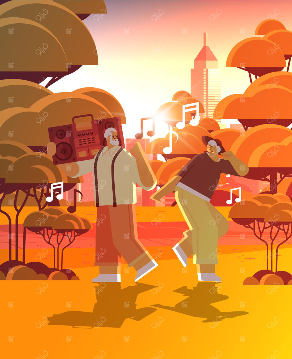 خانواده‌ای پرانرژی: پدربزرگ و مادربزرگ با ضبط‌ صوت بیس‌ دار در حال رقص و آواز، لذت از دوران سالمندی پرنشاط