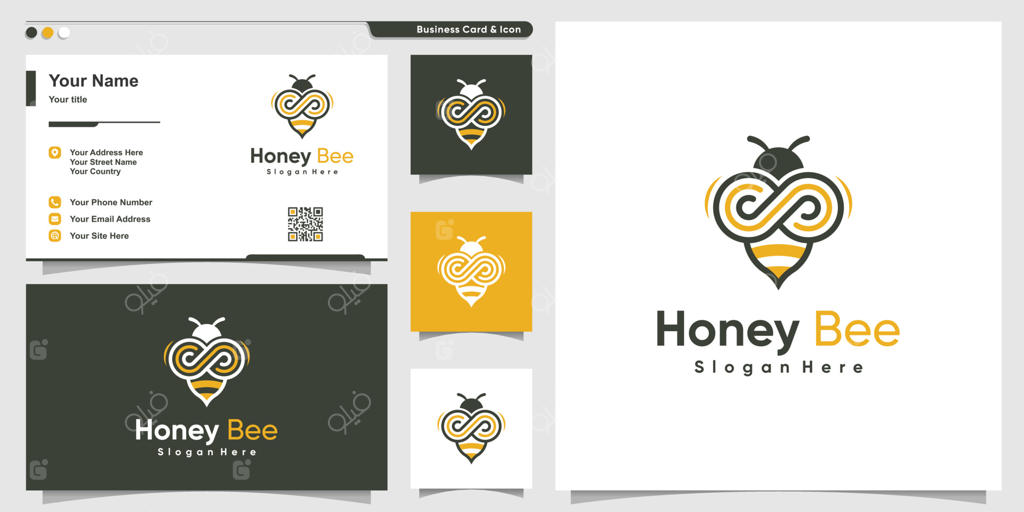 لوگوی زنبور عسل با طراحی خطی بی‌نهایت و طراحی کارت ویزیت (وکتور حرفه‌ای)