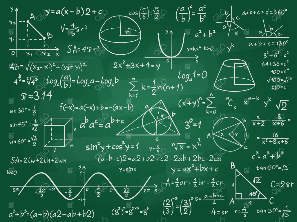 نظریه ریاضی. حساب دیفرانسیل و انتگرال بر روی تخته کلاس. فرمول‌های دست‌نویس جبر و هندسه. مفهوم آموزش ریاضیات.