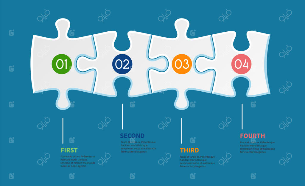 اینفوگرافیک‌های پازلی: گام به گام جمع‌آوری اطلاعات برای ارائه پروژه تجاری مدیران (قالب وکتور)