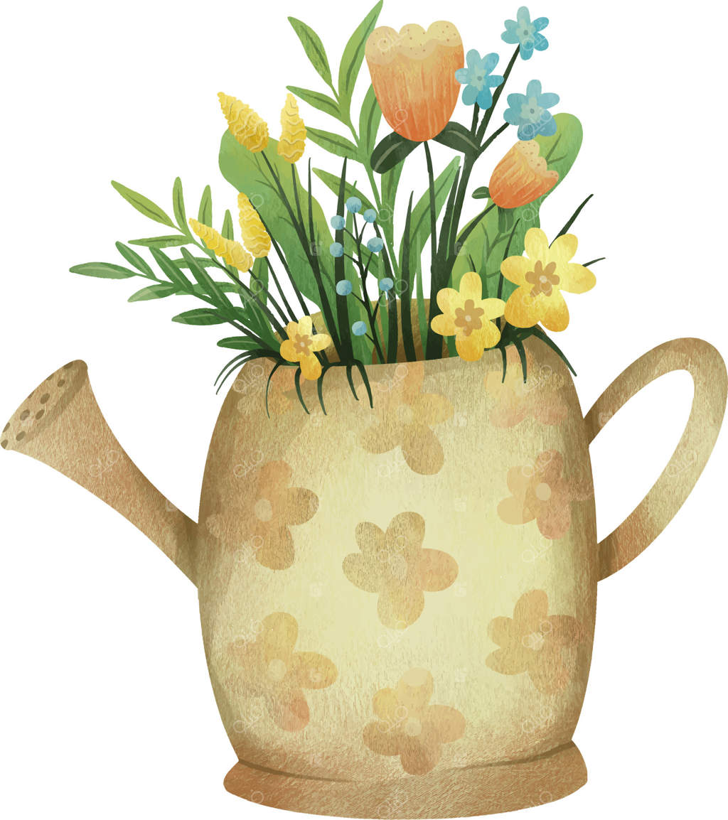 گل‌های بهاری در آبپاش باغچه - طرح گل برای کارت، پارچه یا پوستر