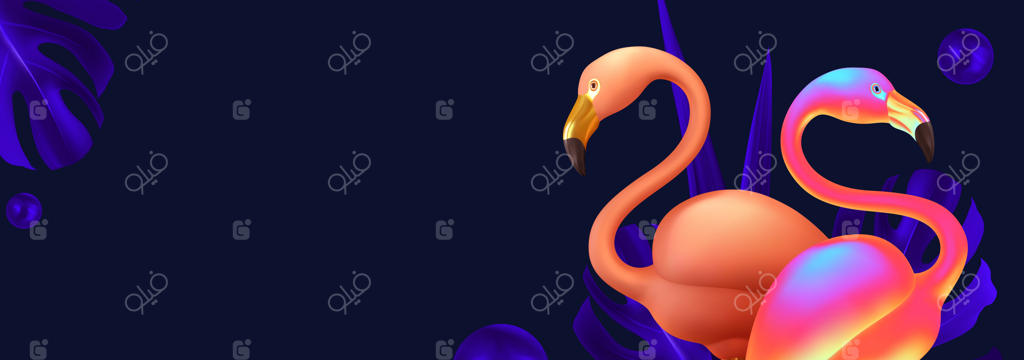 پس‌زمینه تابستانی: دو فلامینگوی صورتی سه‌بعدی واقعی در کنار گروهی از پرندگان و برگ‌های نخل انبوه. طراحی مینیمال تابستانی برای پوستر، بنر، هدر وب‌سایت، بروشور یا فلایر با فضای متن. تصویرسازی وکتور