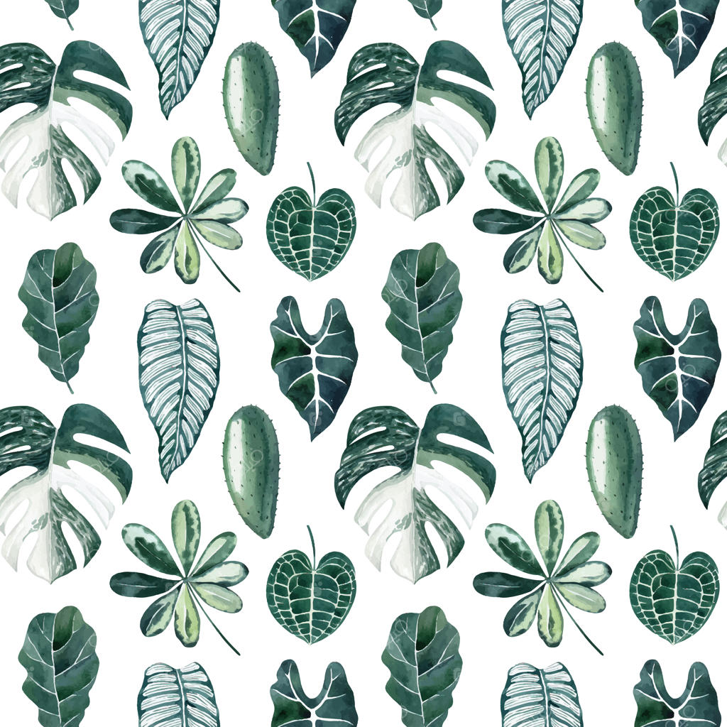 پترن آبرنگ برگ‌های گرمسیری با مونسترا، کاکتوس، فیکوس و آنتوریوم