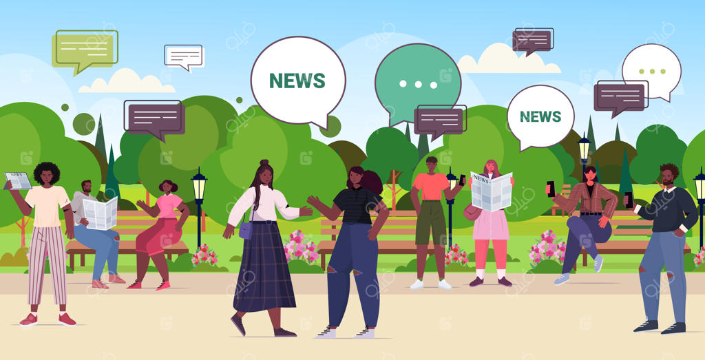 مردم روزنامه‌خوان و گفت‌وگو درباره اخبار روز: مفهوم ارتباط بوسیله حباب گفتگو. مردان و زنان از نژادهای مختلف در حال پیاده‌روی در پارک شهری - تصویر افقی کامل