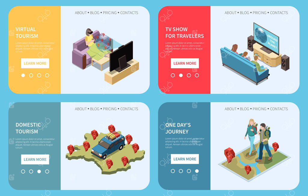 مجموعه‌ای ایزومتریک از چهار بنر شامل گردشگری داخلی و مجازی: تماشای تلویزیون و پیاده‌روی در طبیعت