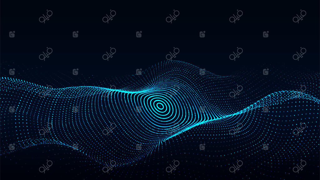 تصویرسازی وکتور انتزاعی فناوری با موج آبی دایره‌ای و جریان ذرات برای مصورسازی انتقال کلان‌داده