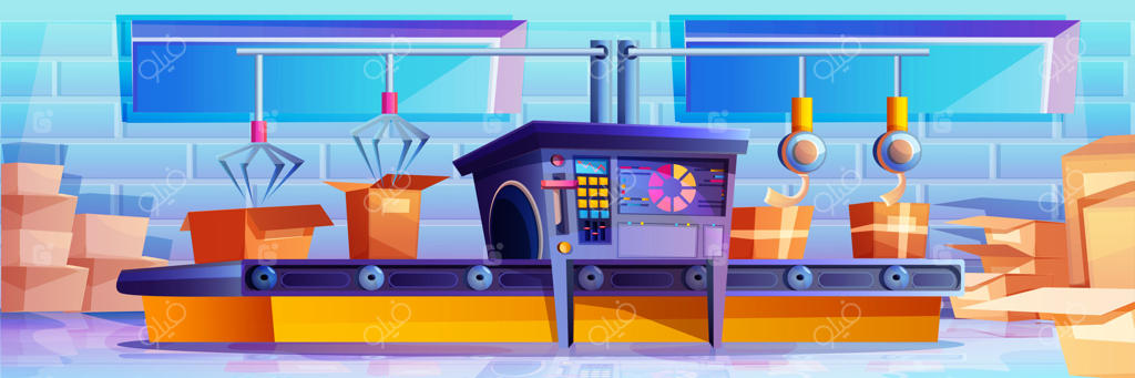 تصویر کارتونی نوار نقاله و بازوهای رباتیک برای بسته‌بندی خودکار کالا در جعبه‌های مقوایی؛ خط تولید کارخانه، نمای داخلی انبار و اداره پست