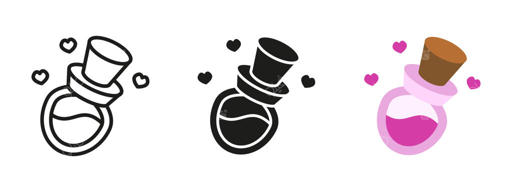 شیشه جادویی عشق: اکسیر صورتی با قلبی شناور، مناسب برای داستان‌های عاشقانه و جادویی.