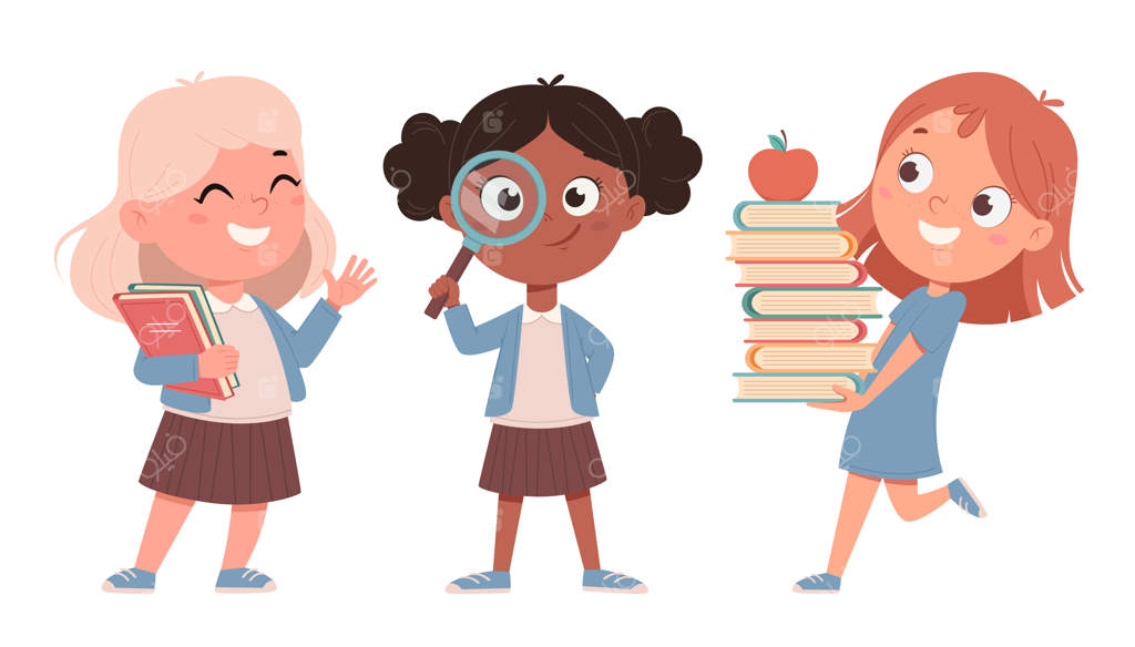 دختران شاد مدرسه، مجموعه‌ای از سه حالت. شخصیت‌های کارتونی دختران بامزه. مفهوم بازگشت به مدرسه