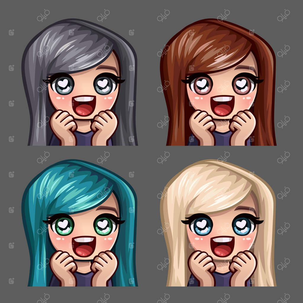 آیکون‌های احساسی دختر شاد و عاشق با موهای بلند برای شبکه‌های اجتماعی و استیکرها
