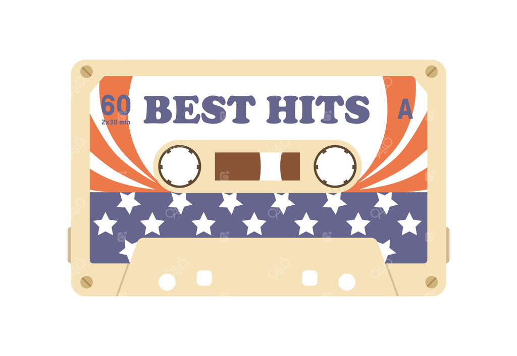 نوار کاست با آهنگ‌های دهه ۸۰ در نوار مغناطیسی. کاست قدیمی با بهترین آهنگ‌های موسیقی آمریکایی. نوار کاست نوستالژیک و قدیمی. تصویرسازی برداری با رنگ‌های شاد، بر زمینه سفید.