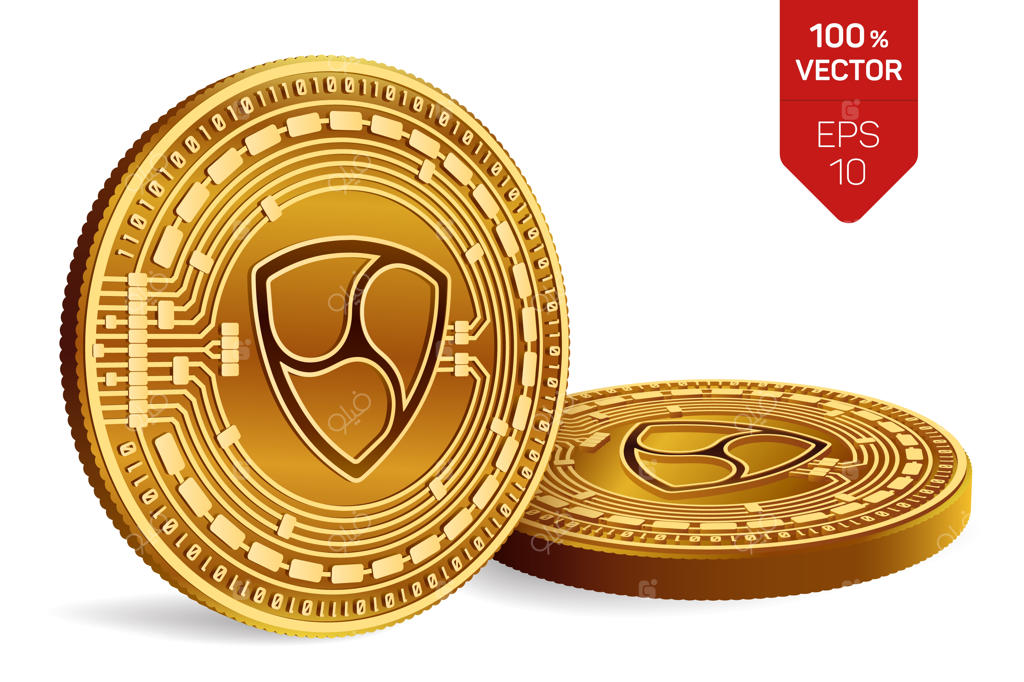 سکه‌های طلایی ارز دیجیتال با نماد نم روی پس‌زمینه سفید.