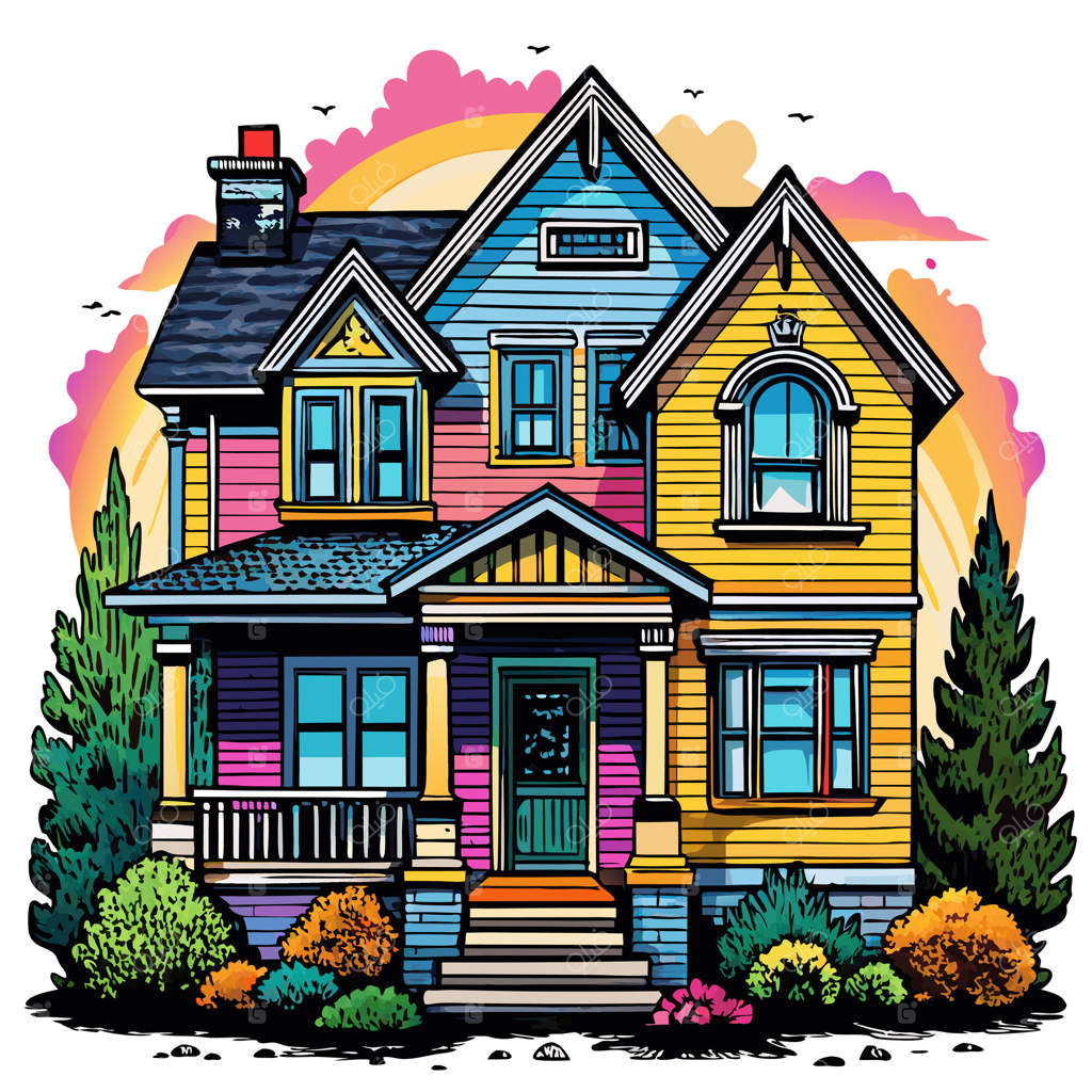 تصویر خانه ویکتوریایی رنگارنگ با معماری زنده و باغچه سرسبز