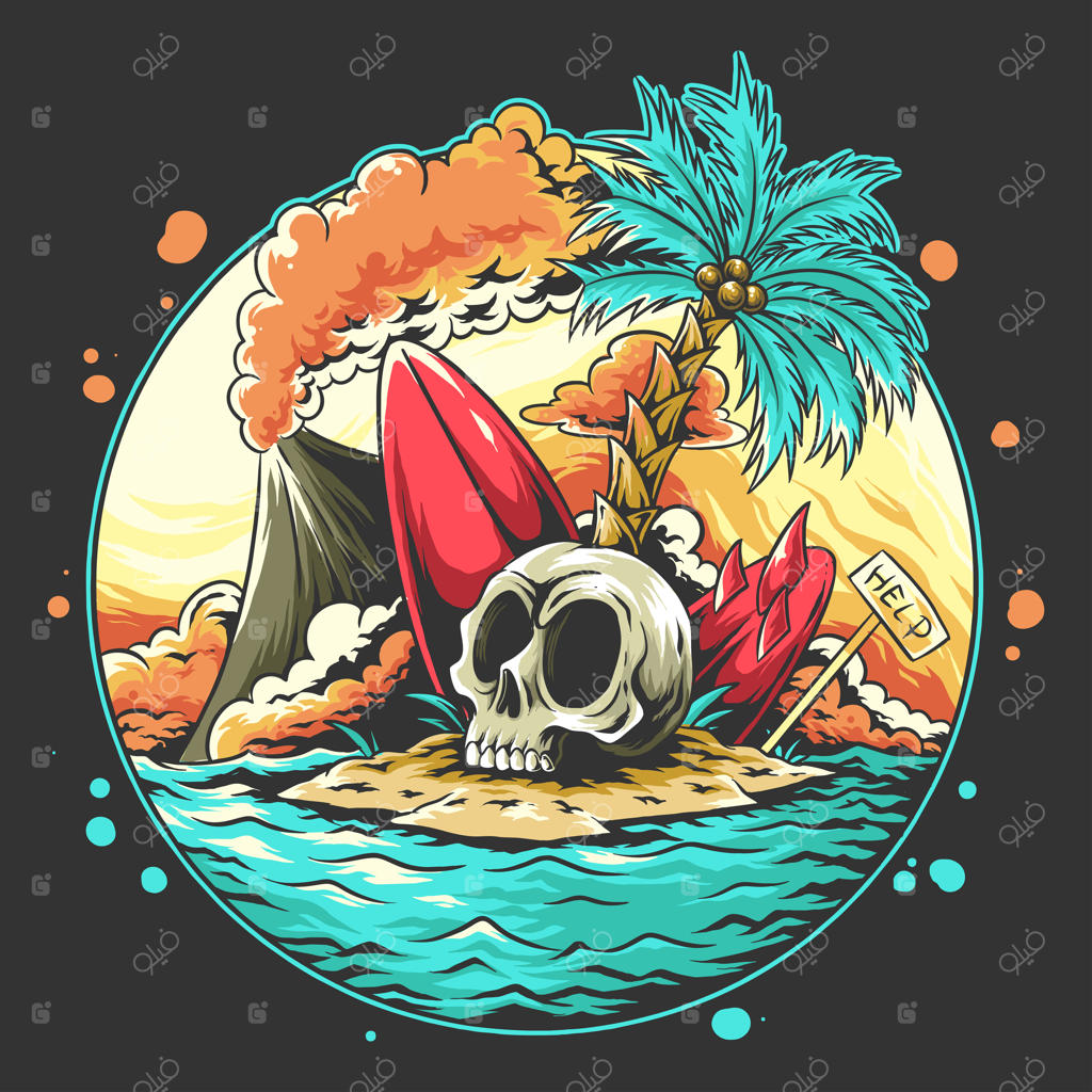 جمجمه تابستانی در ساحل با تخته موج‌سواری شکسته