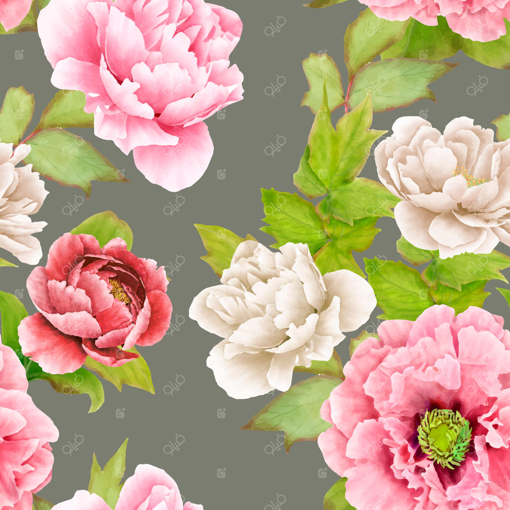 طراحی پترن یکپارچه با گل صد تومانی نقاشی شده دستی