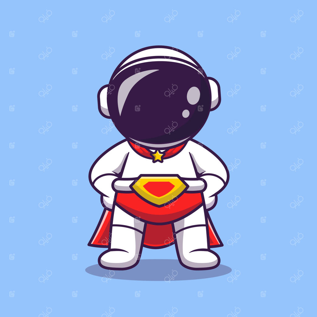 تصویرسازی وکتور آیکون فضانورد ابرقهرمان کارتونی و بامزه؛ طرح مفهومی علم و تکنولوژی با سبک تخت (فلت)
