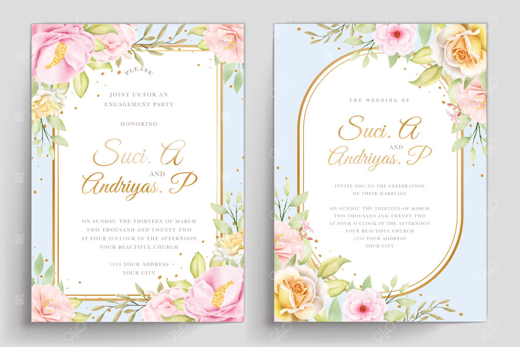 قالب دعوتنامه عروسی با طراحی دستی گل‌ها