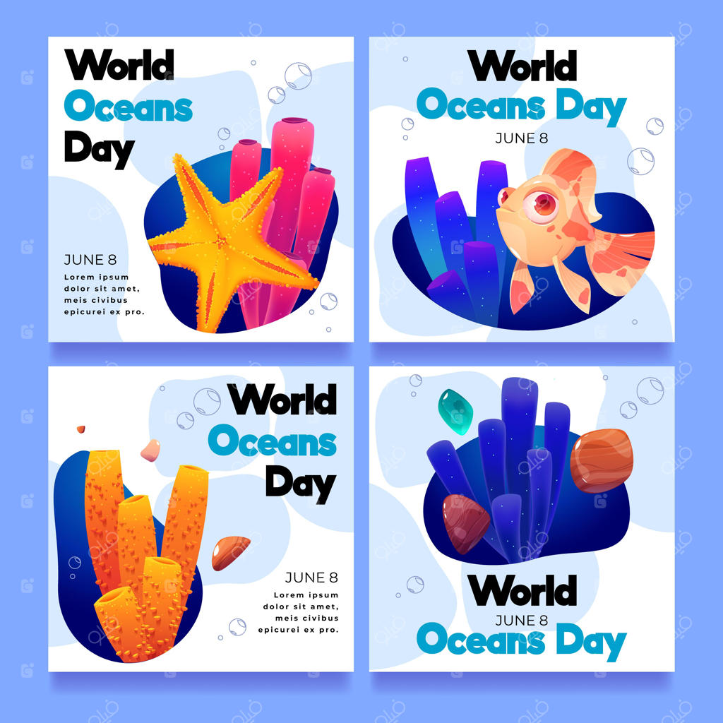 مجموعه پست‌های اینستاگرامی روز جهانی اقیانوس‌ها با طراحی کارتونی