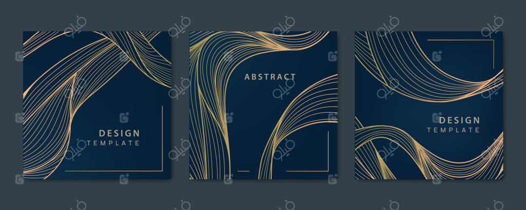 مجموعه‌ای از کارت‌های مربع طلایی لوکس با طراحی وکتور: قالب‌های پست برای شبکه‌های اجتماعی با پس‌زمینه خطوط موج‌دار. پترن آرت دکو، بافتی مناسب چاپ، پارچه و طراحی بسته‌بندی.