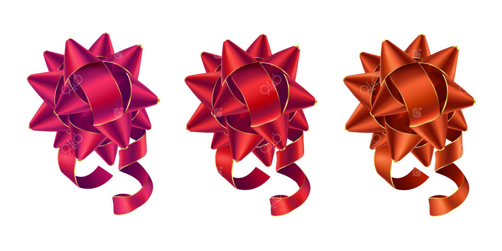 مجموعه‌ای از روبان‌های براق رنگی در طیف قرمز، جدا شده بر روی زمینه سفید