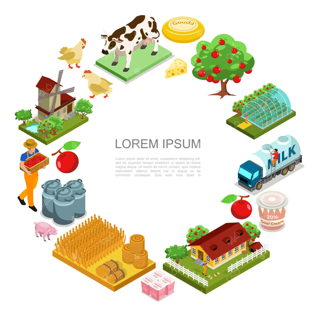 ترکیب مزرعه ایزومتریک: کشاورز، گاو، خوک، مرغ‌ها، درختان سیب، گلخانه، کامیون شیر، پنیر، ماست، عدل‌های یونجه، خانه و آسیاب بادی.