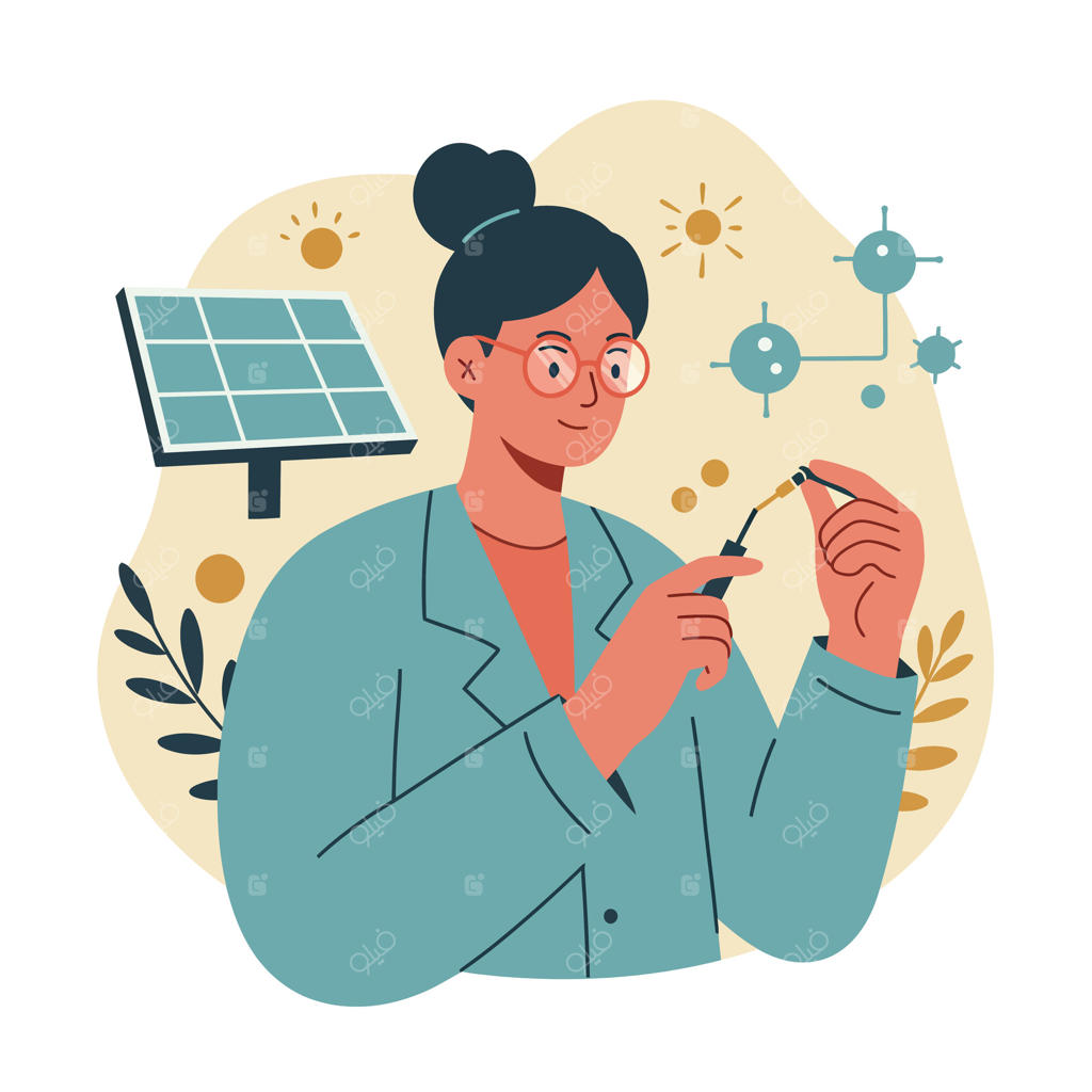 دانشمند زن در حال کار بر روی فناوری انرژی خورشیدی با پنل خورشیدی و تصویرسازی ساختارهای مولکولی