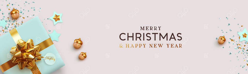 هدر یا بنر وبسایت تبریک کریسمس و سال نو مبارک: طراحی پس‌زمینه کریسمس با جعبه هدیه واقعی، بلوط طلایی سه‌بعدی، ستاره‌های تزئینی. کاغذ رنگی و درخشان طلایی. پوستر افقی. تصویرسازی وکتور.