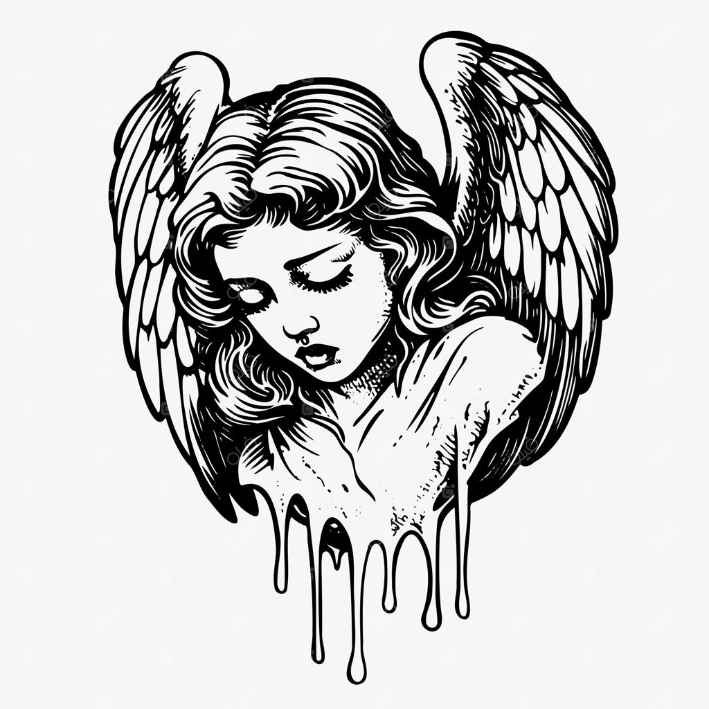 وکتور تتو اولد اسکول فرشته غمگین با بال‌های در حال ذوب