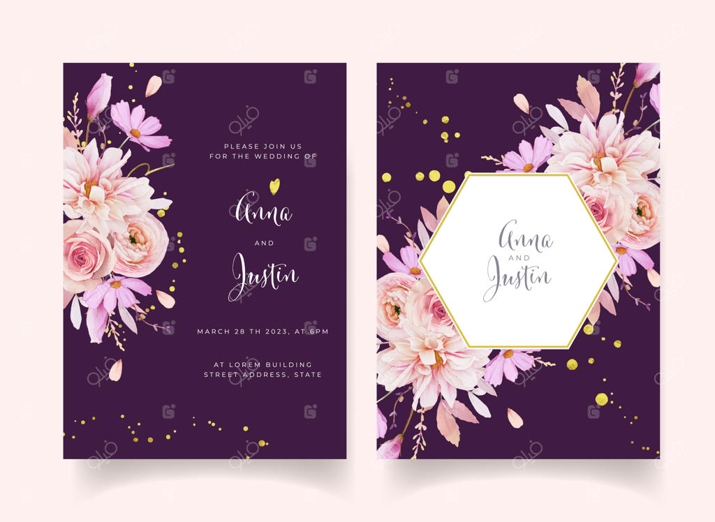 دعوت‌نامه عروسی با طراحی آبرنگی گل رز، کوکب و آلاله