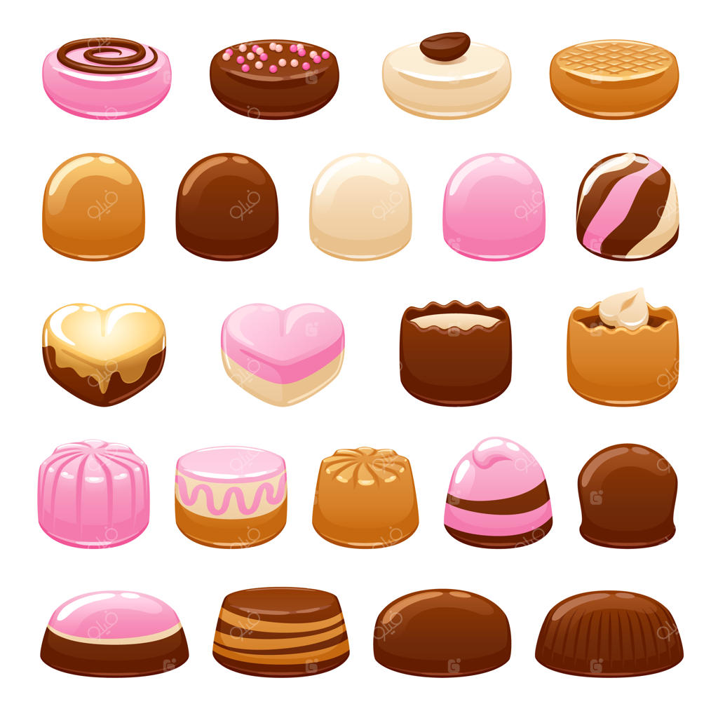 مجموعه‌ای از شکلات‌های رنگارنگ و شیرینی‌های مختلف