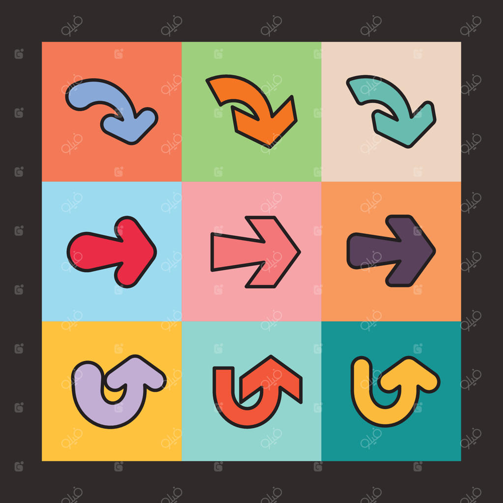 مجموعه آیکون فلش با طراحی کیوت و کاوایی. ایده‌آل برای رابط‌های خلاقانه، اینفوگرافیک‌ها، تم‌های کودکان، عناصر ناوبری یا تصاویر بازیگوشانه.