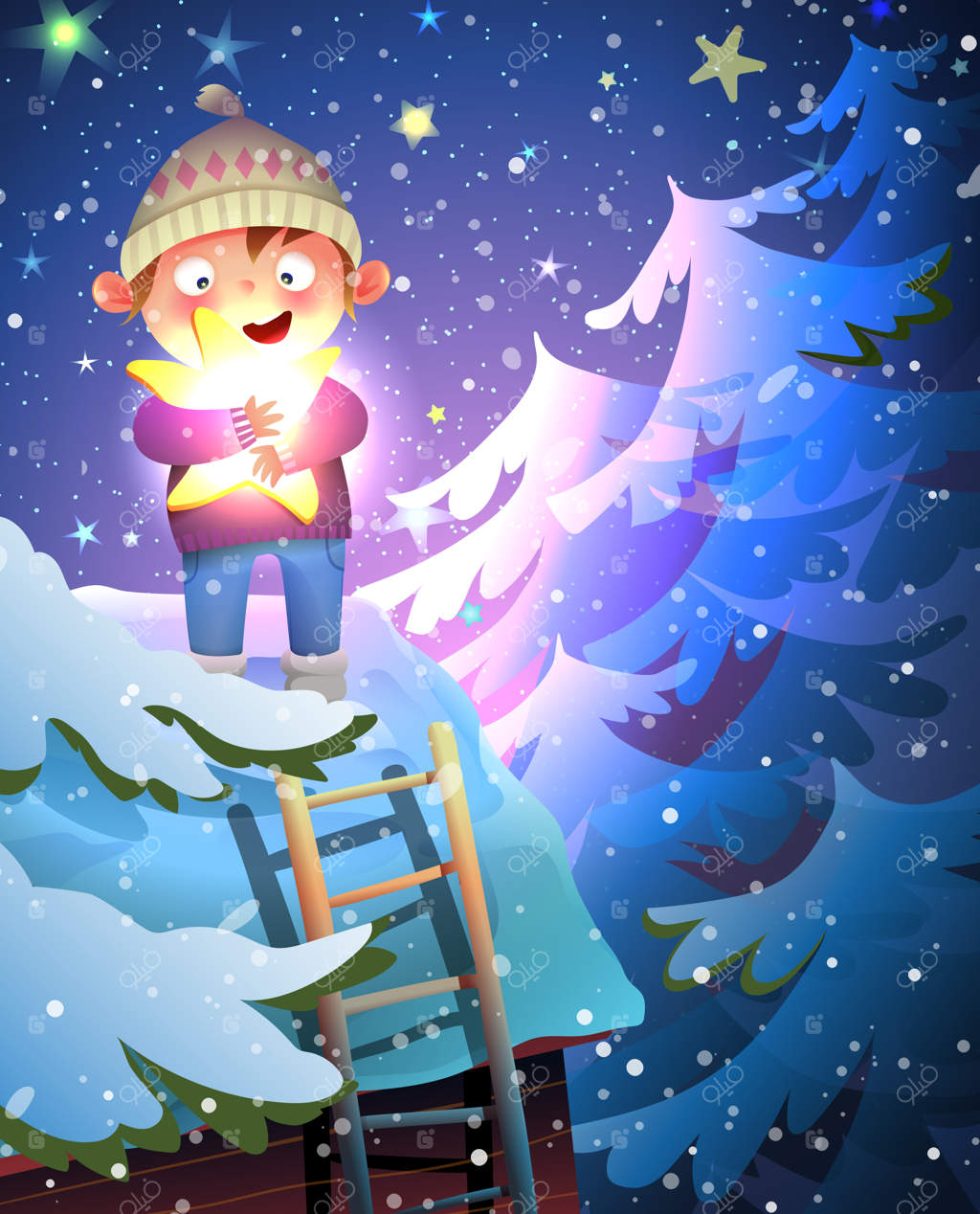 شب زمستانی کریسمس و پسری روی پشت‌بام زیر ستاره‌ها