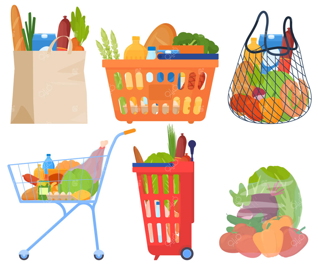 مجموعه‌ای از کیسه‌های خرید و چرخ‌دستی‌های تصویرسازی شده