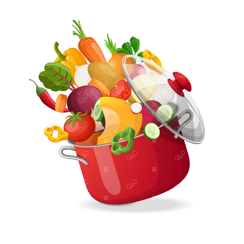 تصویر سبزیجات تازه در حال پرواز در یک قابلمه روی پس‌زمینه سفید.