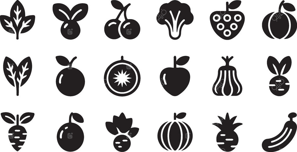 تصویرسازی میوه و سبزیجات؛ اسفناج، آلو، گیلاس، کلم بروکلی، توت‌فرنگی، کدو تنبل، سیب و آناناس