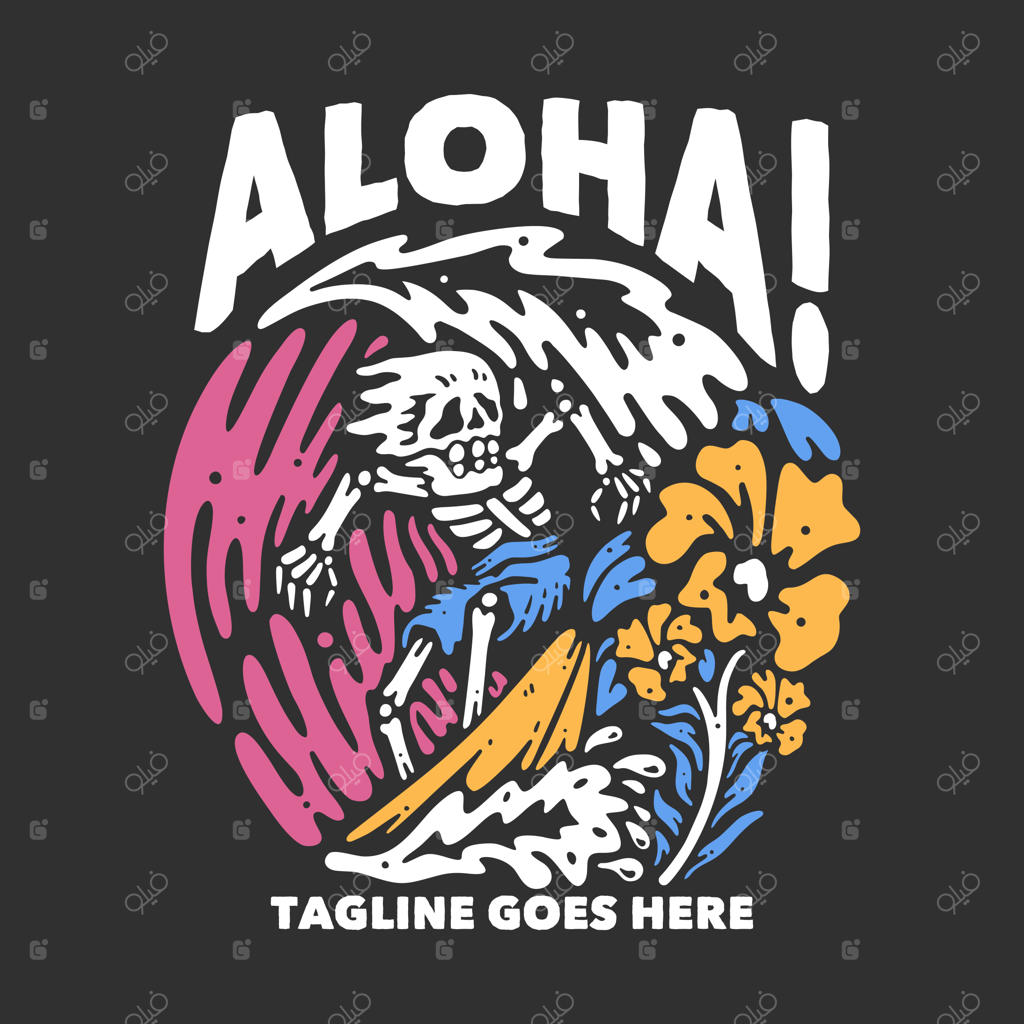 طراحی تی‌شرت: "آلوها" با اسکلت موج‌سواری در پس‌زمینه خاکستری به سبک وینتیج