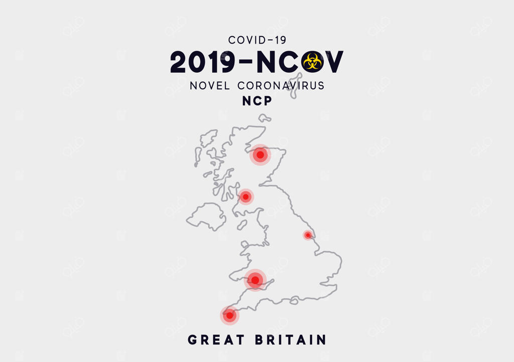 نقشه بریتانیا با اینفوگرافیک، محل شیوع ویروس کووید-۱۹. ویروس کرونای جدید (۲۰۱۹-ncov). پاتوژن تنفسی کروناویروس ۲۰۱۹-ncov از چین. ncov ویروسی با rna تک‌رشته‌ای است.