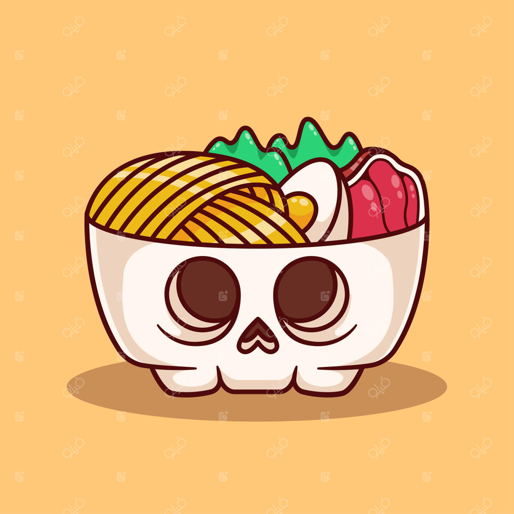 تصویر کاسه نودل با جمجمه بامزه به سبک طراحی تخت