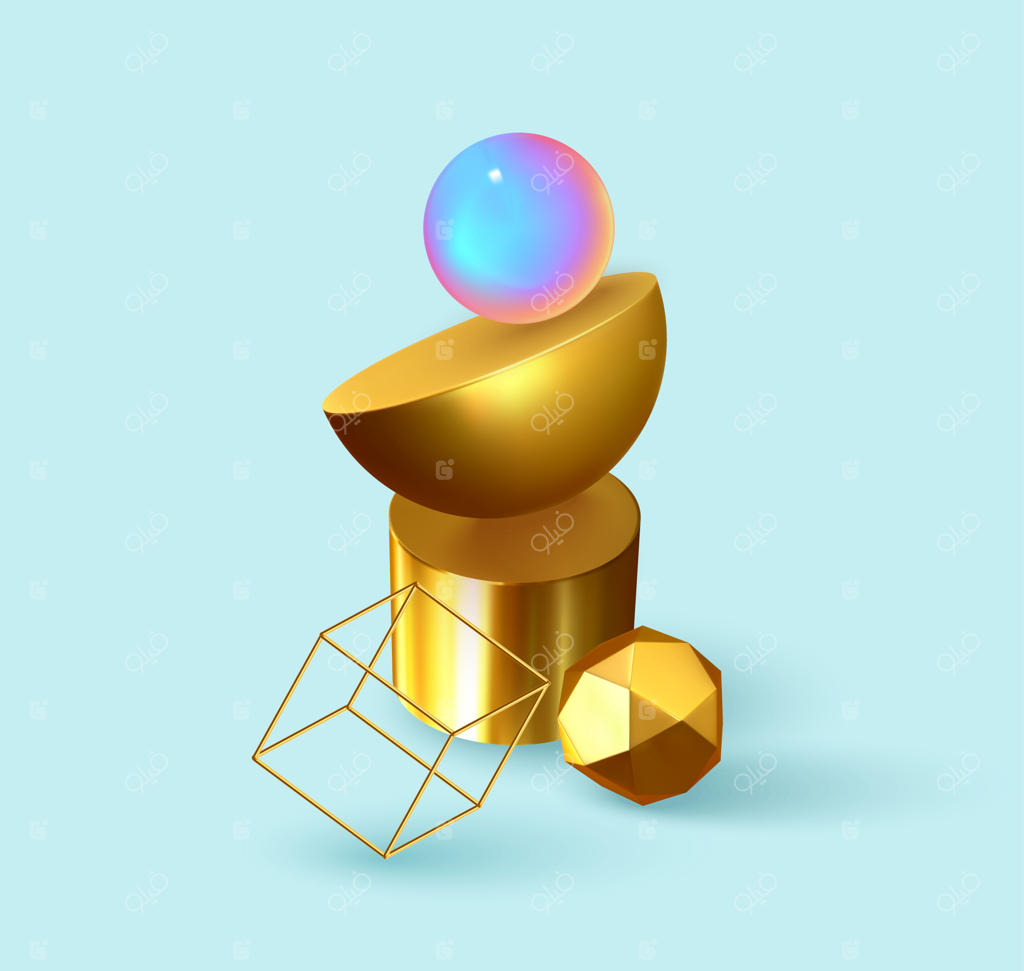 پس‌زمینه انتزاعی با اشکال سه‌بعدی: پوستر دیزاین خلاقانه و هنر مینیمال. الگوهایی با ارقام هندسی و عناصر ایزومتریک واقعی. تصویرسازی وکتور