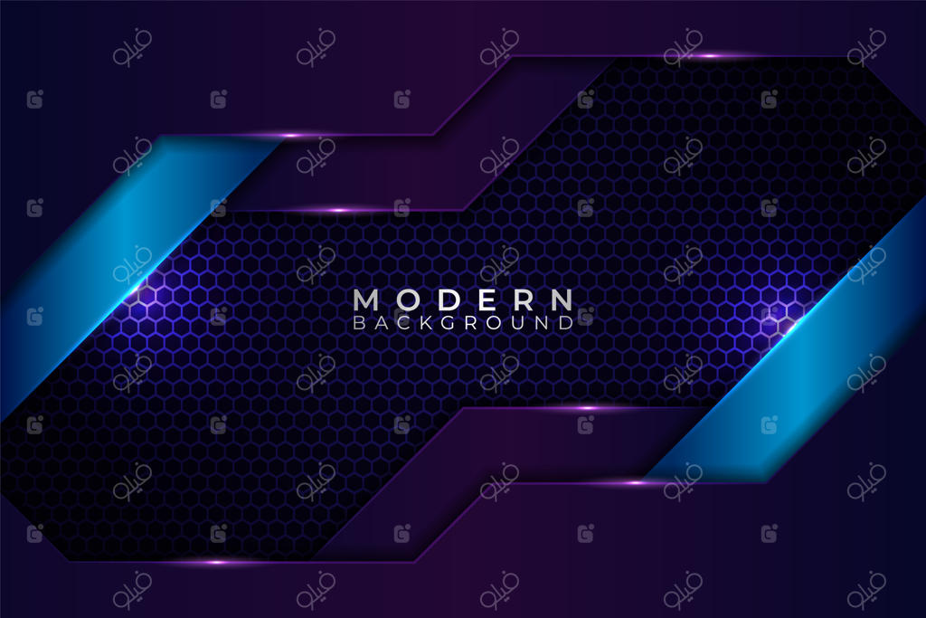 پس‌زمینه تیره و انتزاعی مدرن با الگوی شش‌ضلعی و درخشش واقع‌گرایانه آبی و بنفش آینده‌نگرانه